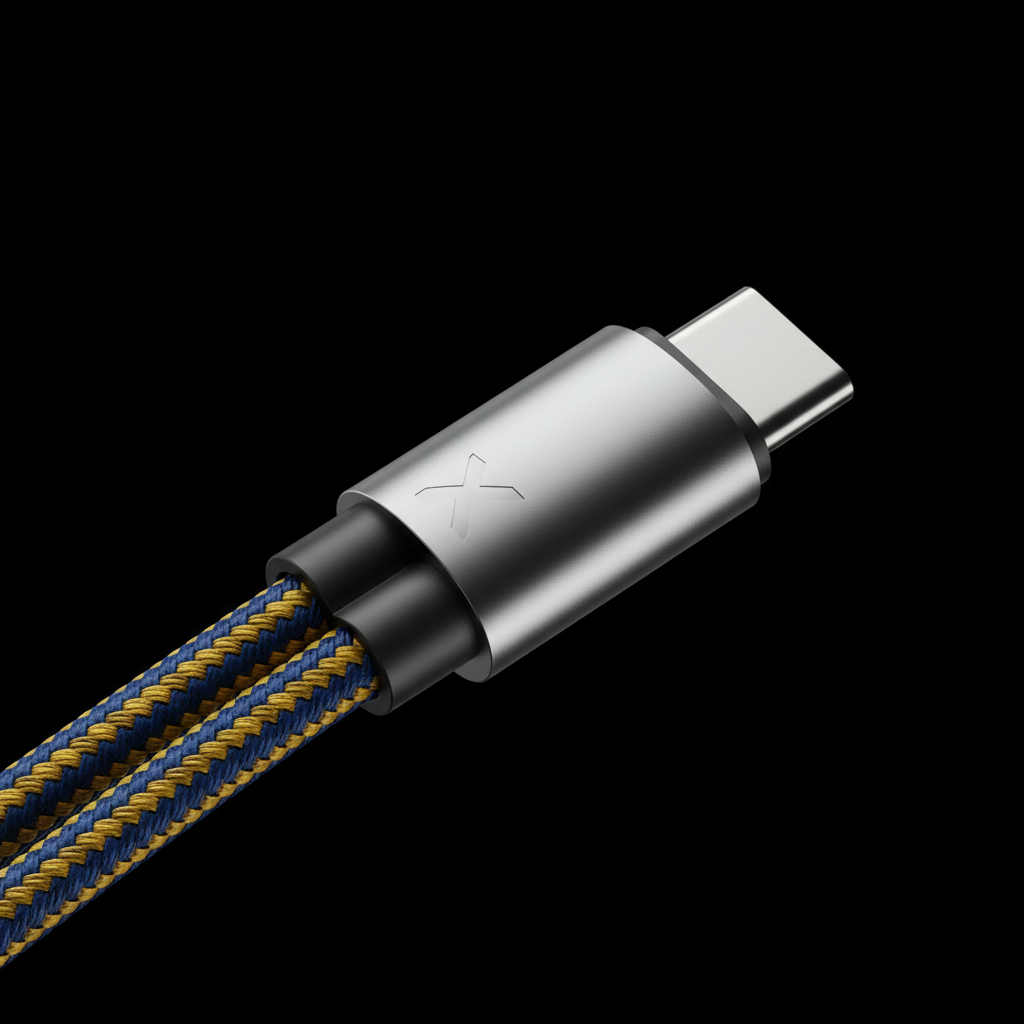 Close-up of tightly woven double braided nylon and DuPont Kevlar fiber USB charging cable showing dual-shade weave texture and silver connector — More4less Outlet