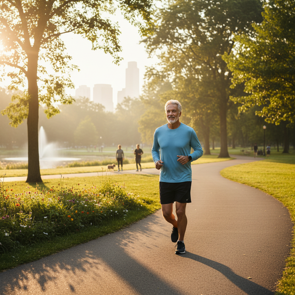 Older adult man doing a light morning jog in a park supporting cardiovascular health