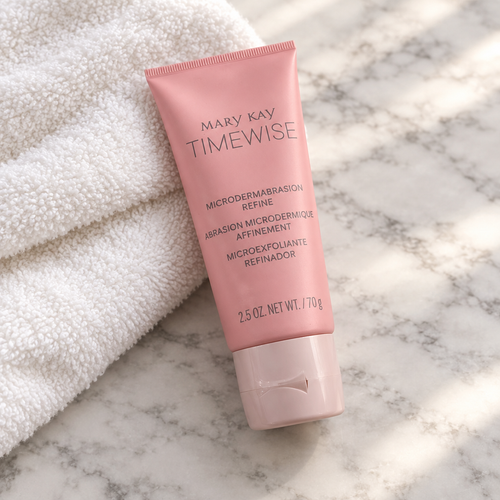 Mary Kay TimeWise Microdermabrasion Refine tube resting on marble with a soft towel