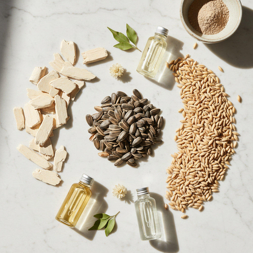 Botanical ingredients flat lay on white marble