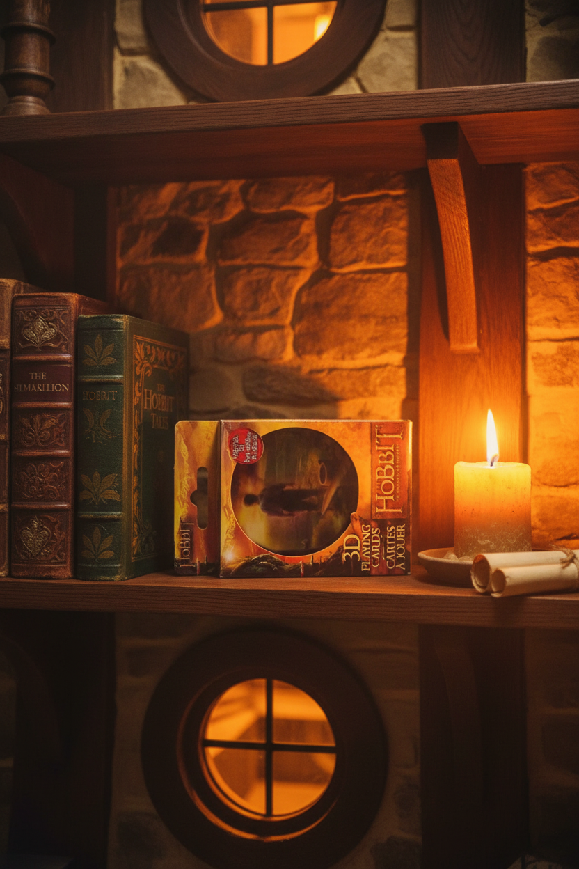 The Hobbit An Unexpected Journey collectible tin and 3D cards displayed on shelf with fantasy books and candle in hobbit hole aesthetic — More4less Outlet