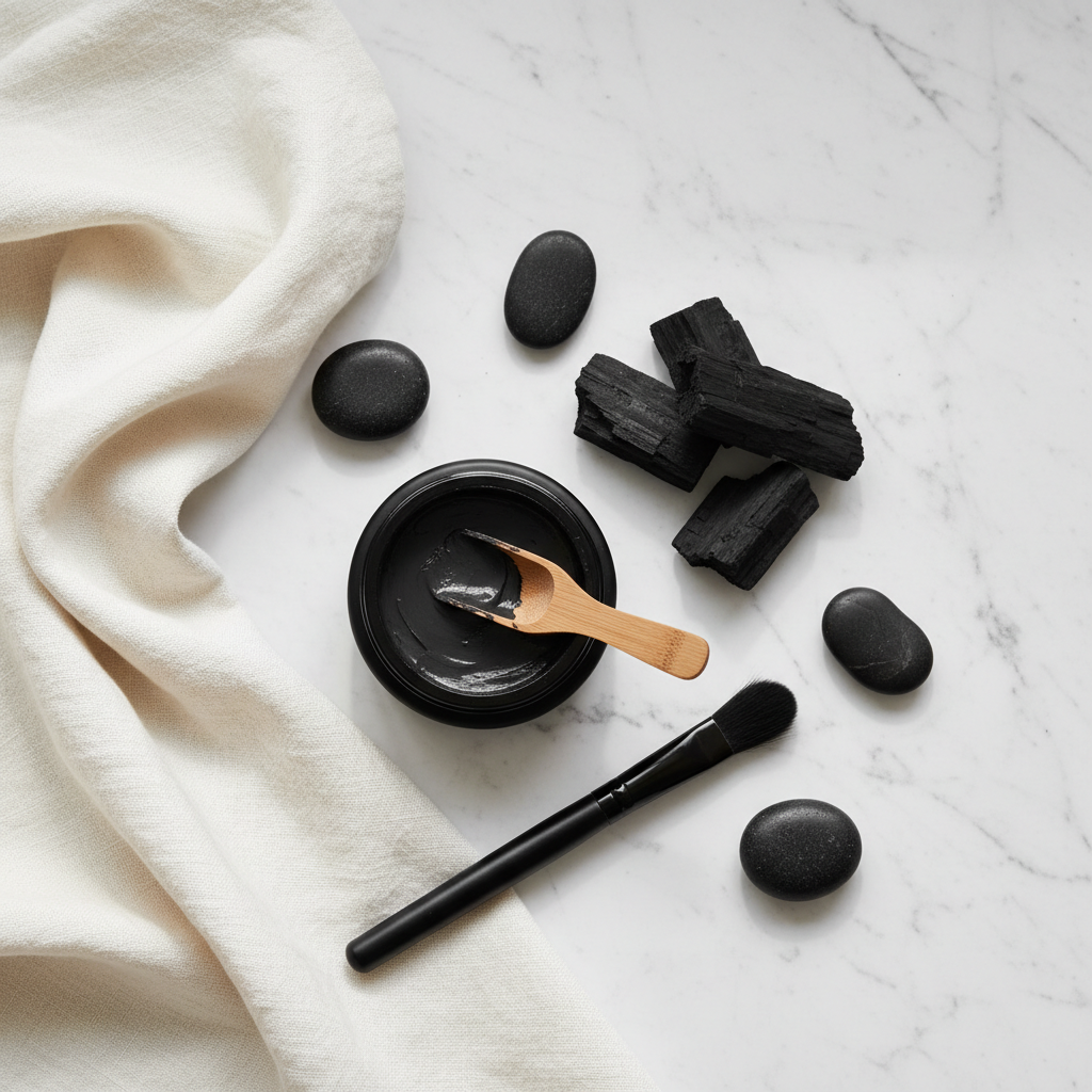 Elegant flat lay of charcoal skincare products with activated charcoal pieces on marble