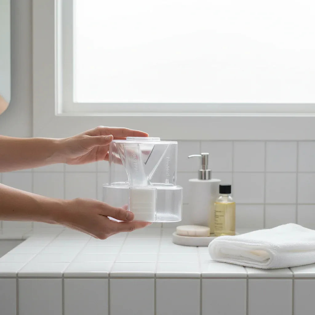 ResMed HumidAir clear water chamber being handled on white-tiled bathroom counter with high-end amenities
