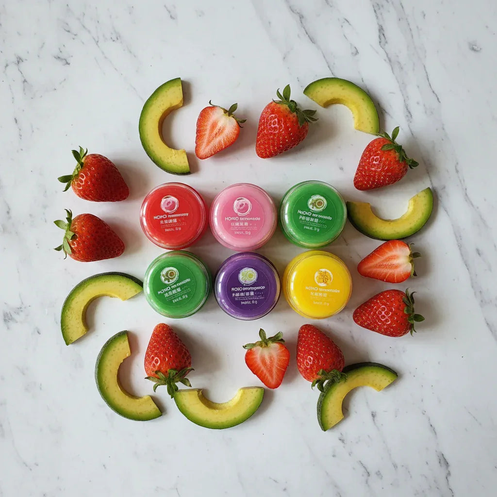 Top-down flat lay of Noro lip balm jars surrounded by fresh strawberries and avocado slices on marble