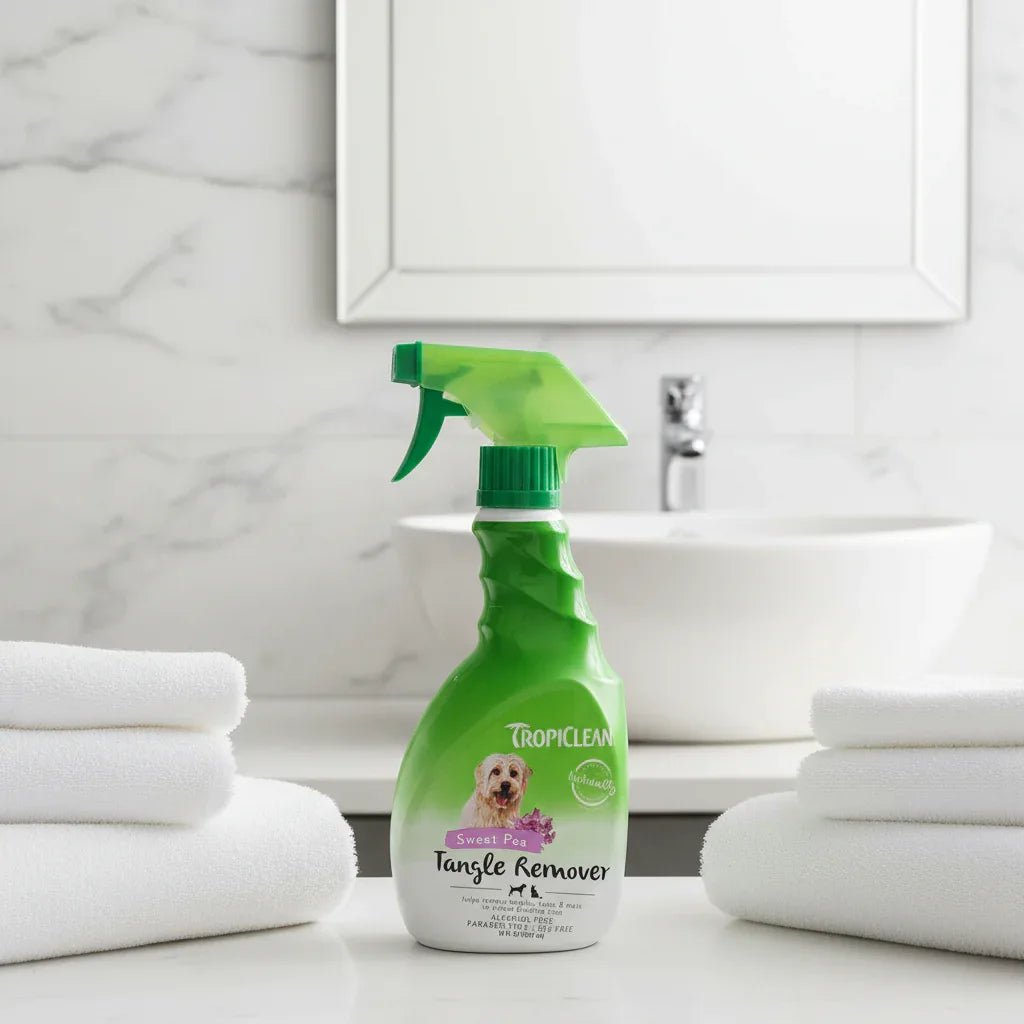 TropiClean Sweet Pea Tangle Remover 16 oz in clean bathroom with plush white towels