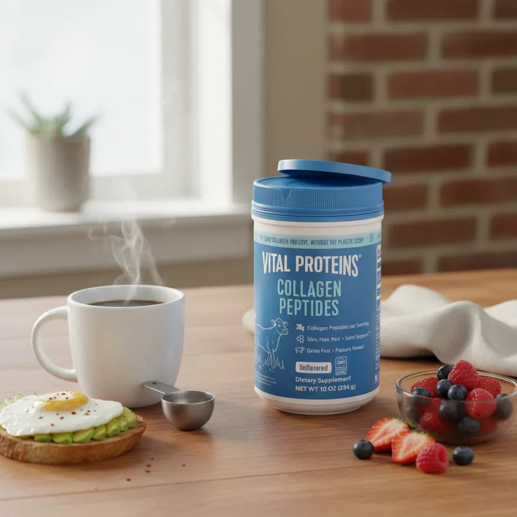 Vital Proteins Collagen Peptides tub in morning coffee setting with steaming mug and breakfast on wooden table.