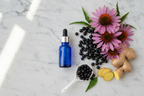 Flat lay of small blue glass dropper bottle next to echinacea flowers, elderberries, and ginger root on marble