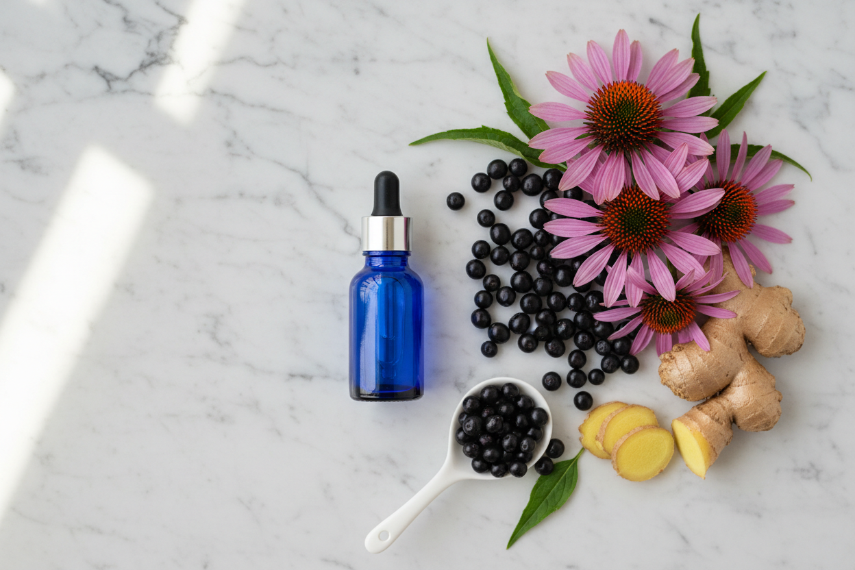 Flat lay of small blue glass dropper bottle next to echinacea flowers, elderberries, and ginger root on marble