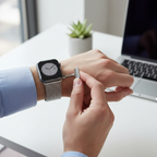 LAUT Steel Loop silver mesh Apple Watch band on wrist showing magnetic clasp adjustment