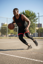 Basketball player wearing McDavid HEX full-length black compression leg sleeves with hexagonal knee padding driving to the basket