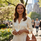 Woman with warm brown glowing skin outdoors, polished natural makeup look