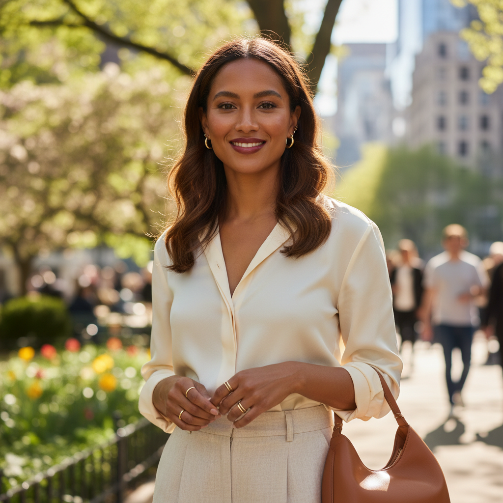 Woman with warm brown glowing skin outdoors, polished natural makeup look