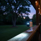 Blink Mini 2 white security camera on outdoor porch railing at dusk with LED spotlight illuminating backyard