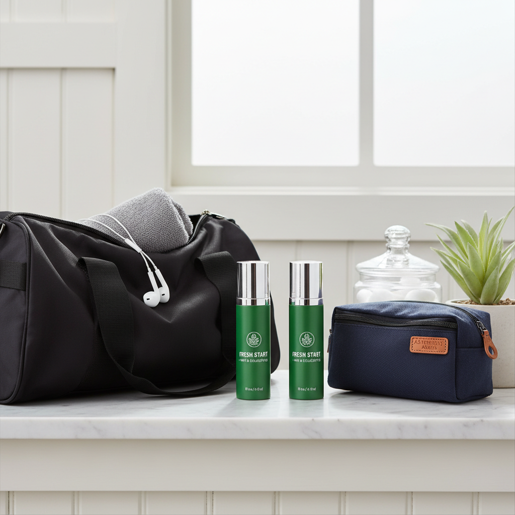 Three deodorant bottles on vanity shelf with gym bag and travel kit