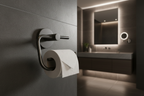 Grohe Essentials Hard Graphite toilet paper holder mounted on dark charcoal tile in contemporary luxury bathroom with soft ambient lighting