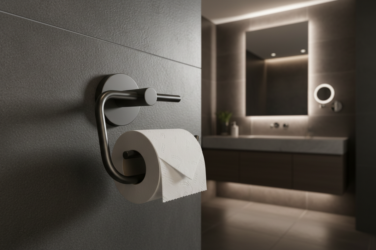 Grohe Essentials Hard Graphite toilet paper holder mounted on dark charcoal tile in contemporary luxury bathroom with soft ambient lighting