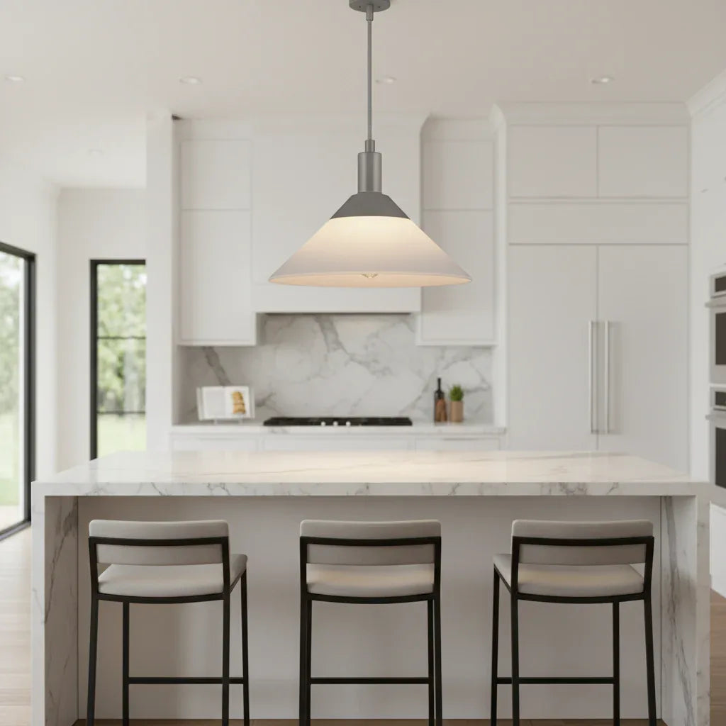 Globe Electric Baldwin matte grey pendant light over kitchen island marble countertop