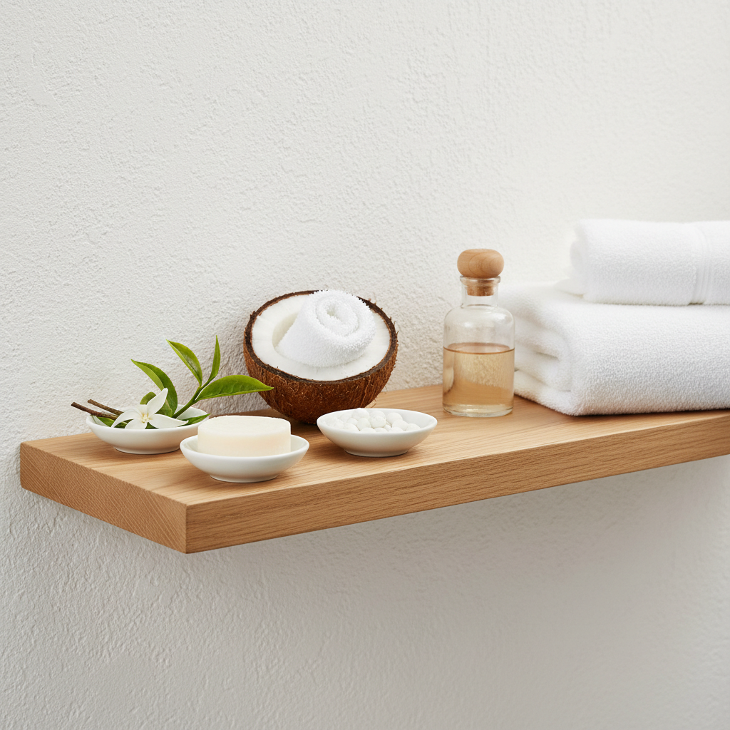 White tea and coconut bathroom essentials lifestyle flat lay
