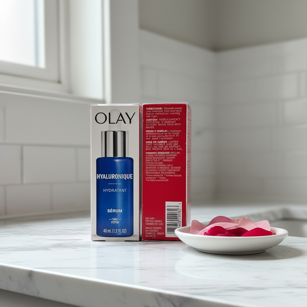 Olay Hyaluronique Hydratant Sérum 40mL blue bottle with silver pump on white marble vanity with rose petals and soft morning light