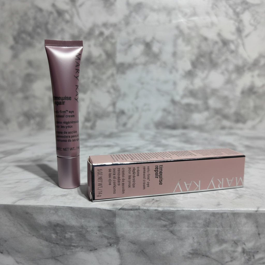 Lifestyle context image of Mary Kay TimeWise Repair Volu-Firm Eye Renewal Cream (AI-generated for visual illustration only) – white marble minimalist beauty – More4less Outlet