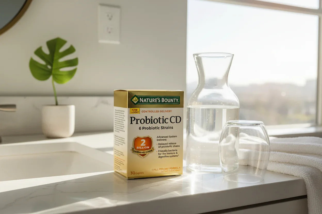 Nature's Bounty Probiotic CD box on bathroom vanity with natural sunlight and water carafe