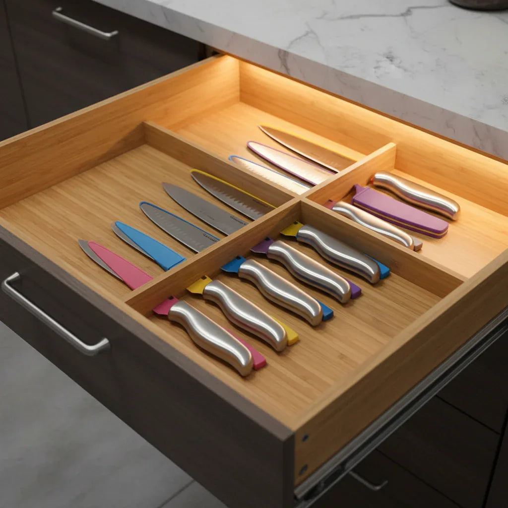 Cuisinart knives with color-matched blade guards organized in bamboo-lined kitchen drawer for safe storage