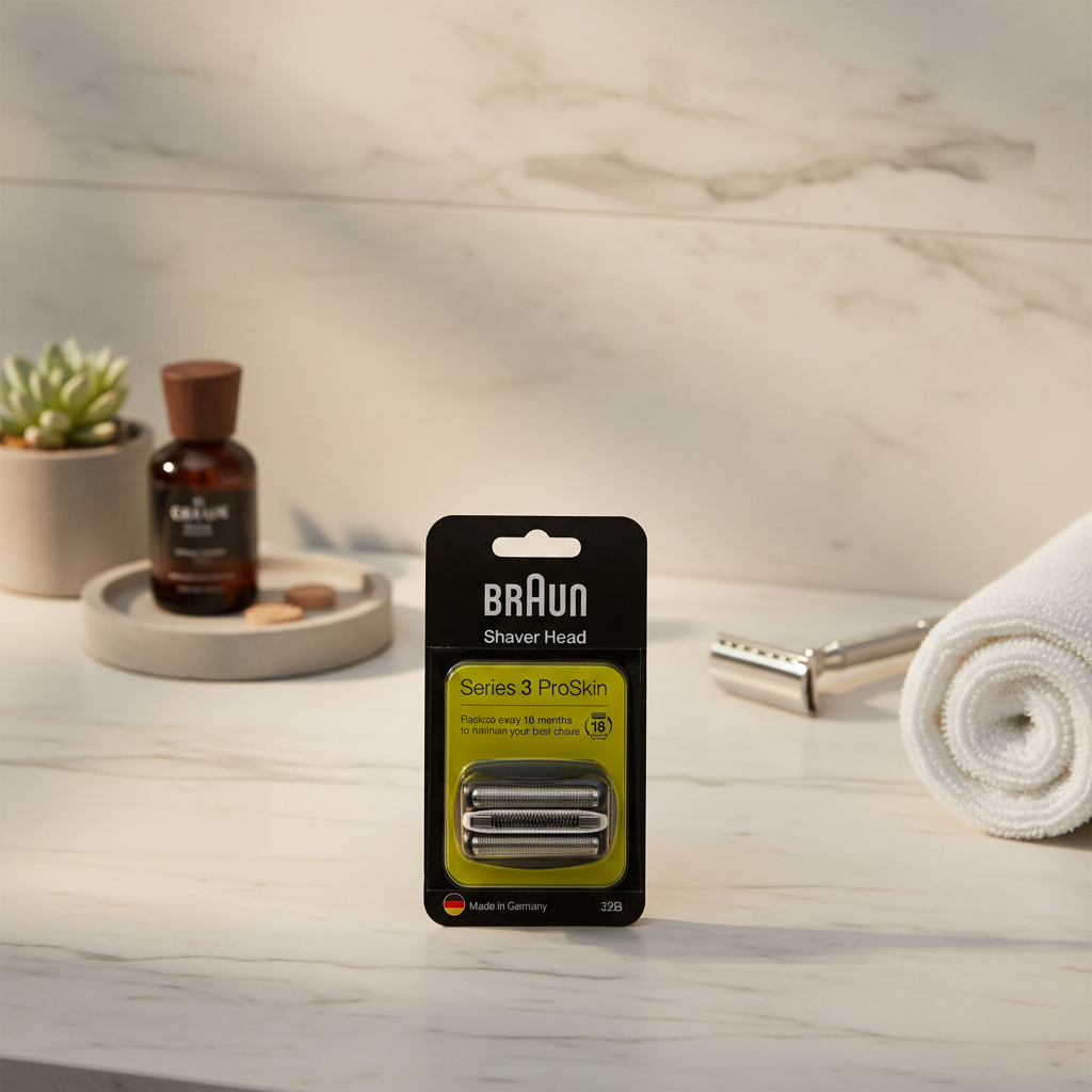 Braun Series 3 ProSkin 32B shaver head cassette pack on white marble vanity with soft evening light and grooming accessories – More4less Outlet