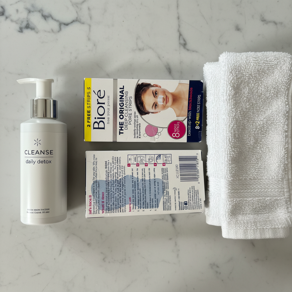 Two Bioré pore strip boxes on white marble bathroom counter next to face wash and towel, skincare shelfie