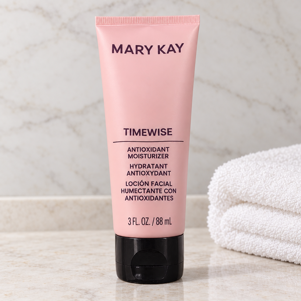 AI lifestyle image of Mary Kay TimeWise Antioxidant Moisturizer tube by folded towel