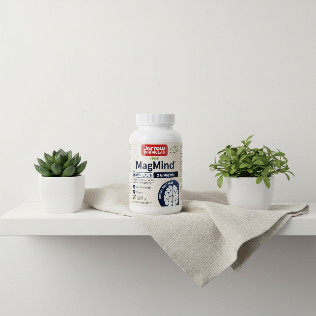 Jarrow Formulas MagMind supplement bottle on minimalist white shelf with green plants – clean supplement product display