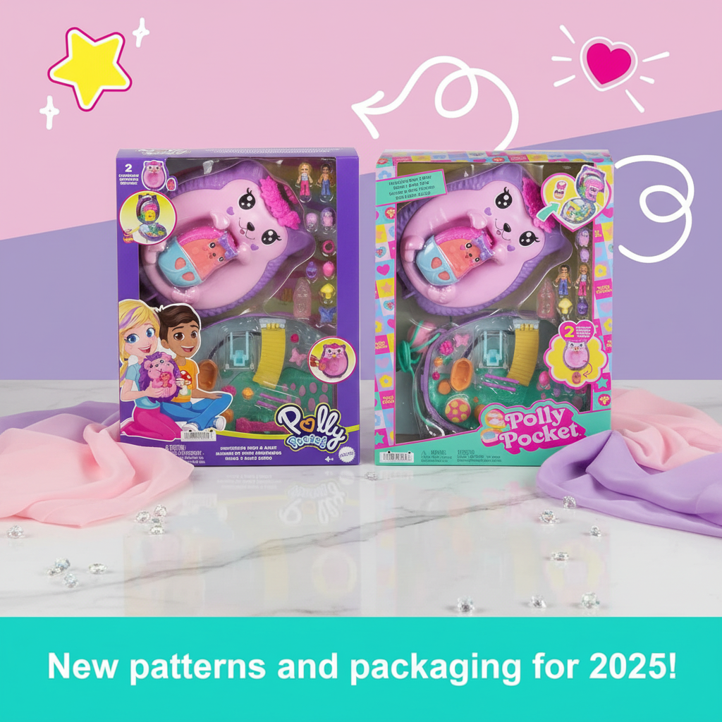 Polly Pocket Mom and Baby Hedgehog Purse Playset by Mattel on white marble with pink and purple gem accent props, minimalist studio photography – More4less Outlet