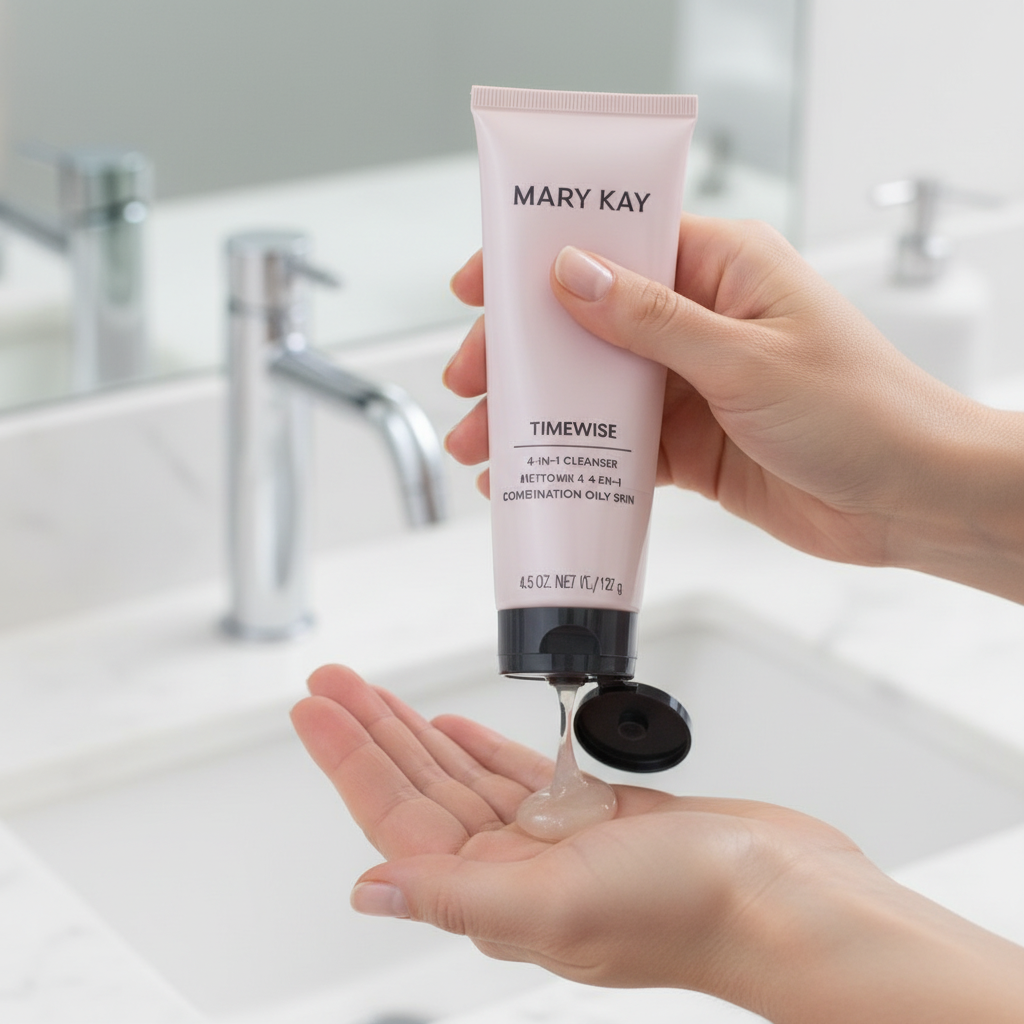 Close-up of hands squeezing Mary Kay TimeWise Age Minimize 3D Cleanser gel onto palm
