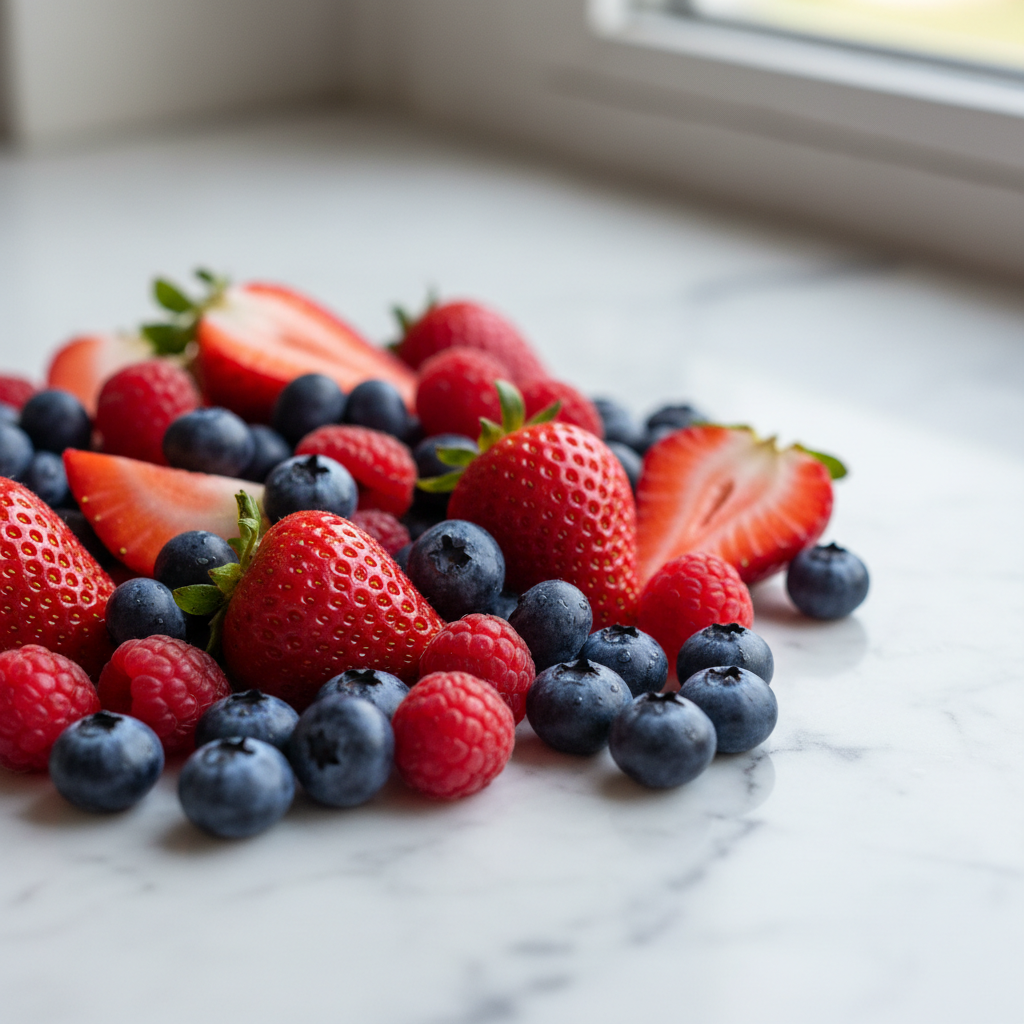 Fresh mixed berries including strawberries blueberries and raspberries on white marble surface