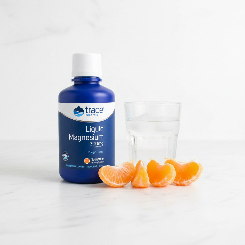Trace Minerals Liquid Magnesium 300mg Tangerine bottle on marble with tangerine slices – More4less Outlet