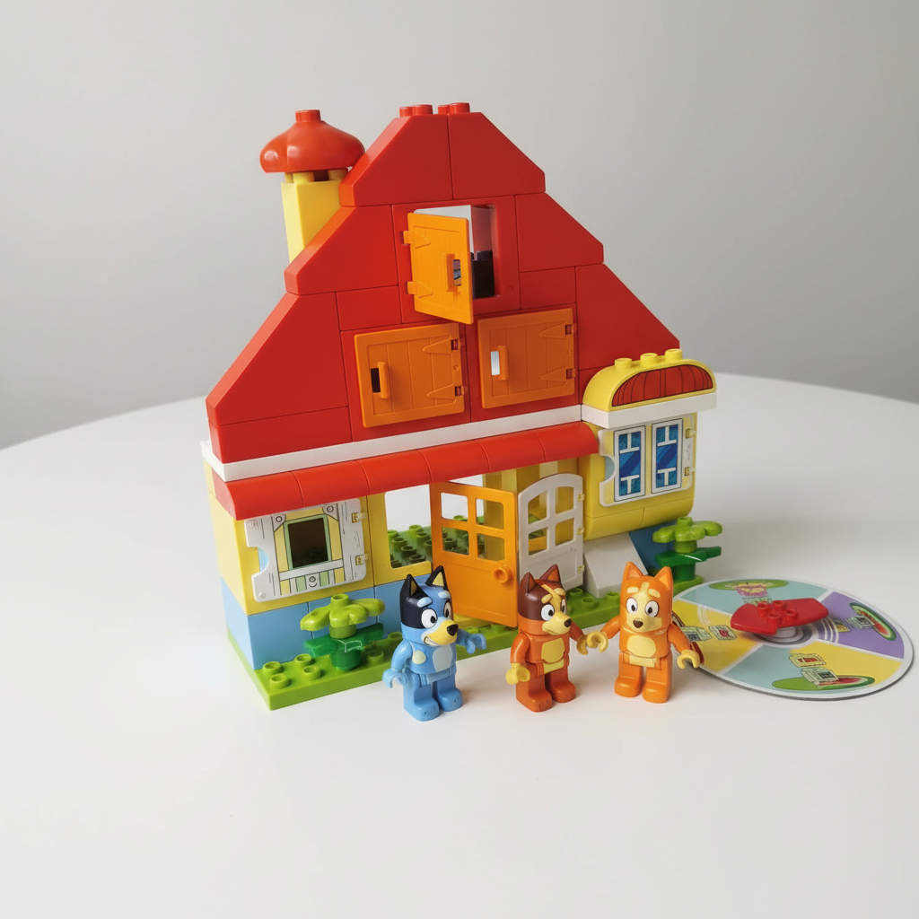 LEGO DUPLO Bluey's Family House (set 10459) built model close-up — red roof, yellow walls, three DUPLO figures (Bluey, Bingo, Chilli) posed in front with memory game spinner visible and opening windows and doors detail