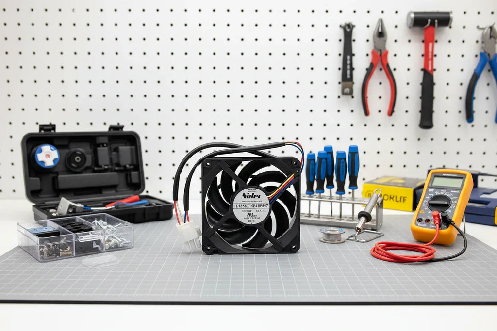 Tools and refrigerator parts arranged on a professional appliance repair workbench