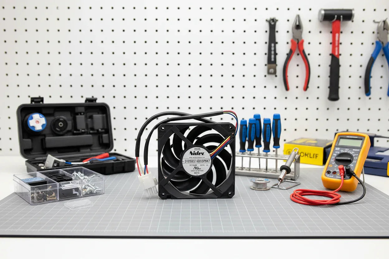 Tools and refrigerator parts arranged on a professional appliance repair workbench