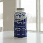 One A Day Men’s 50+ Complete Multivitamin 300-tablet bottle on a bright neutral counter