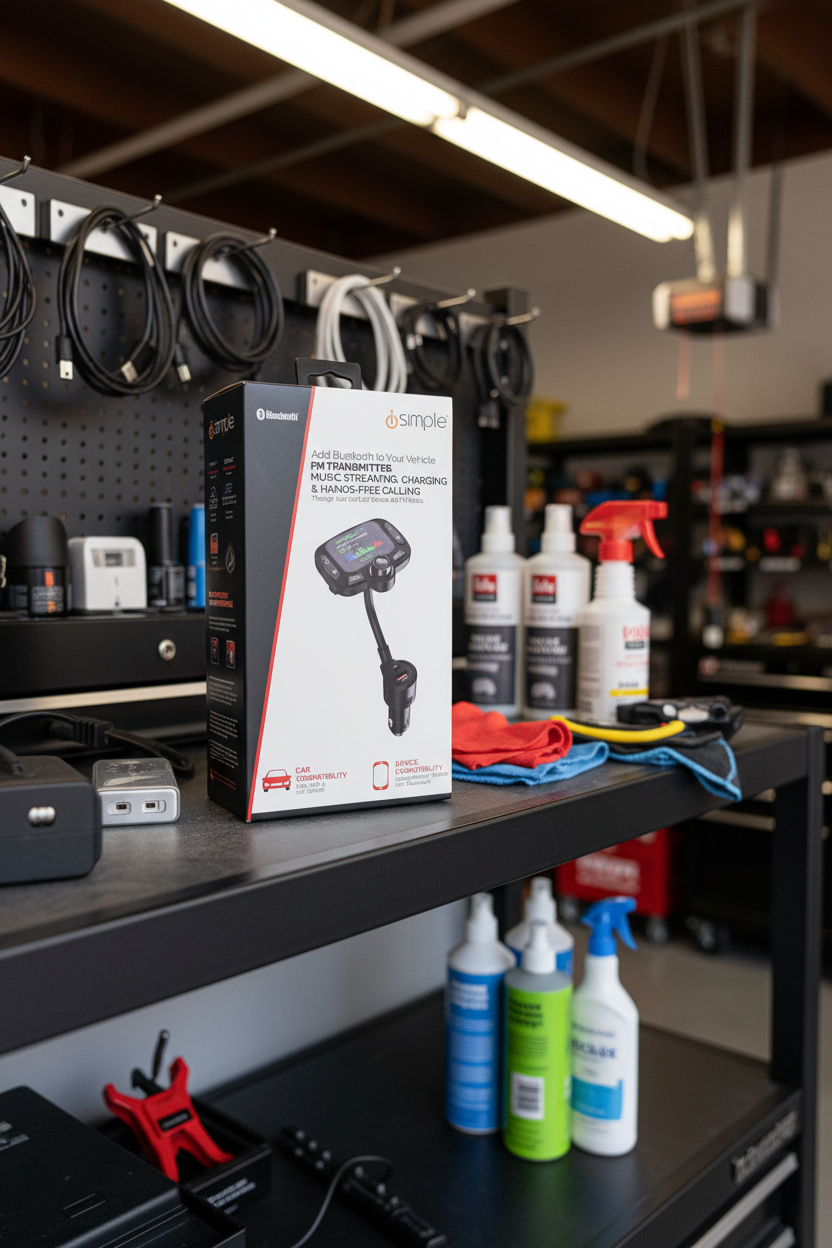 iSimple FMBTIS Bluetooth FM Transmitter box on garage tech shelf with automotive cleaning supplies — More4less Outlet