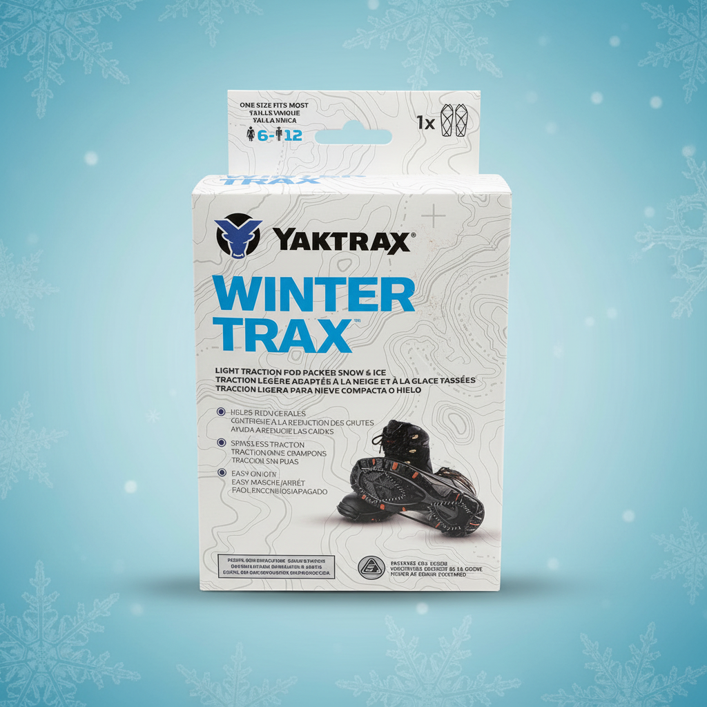Yaktrax Winter Trax black traction cleats light blue editorial with snowflake and ice crystal accents – More4less Outlet