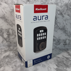 Kwikset Aura Bluetooth keypad smart lock retail box at a three-quarter angle