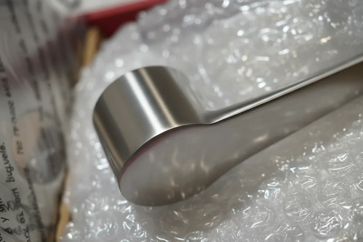 Macro detail of PVD brushed nickel finishing on contemporary single-handle faucet lever