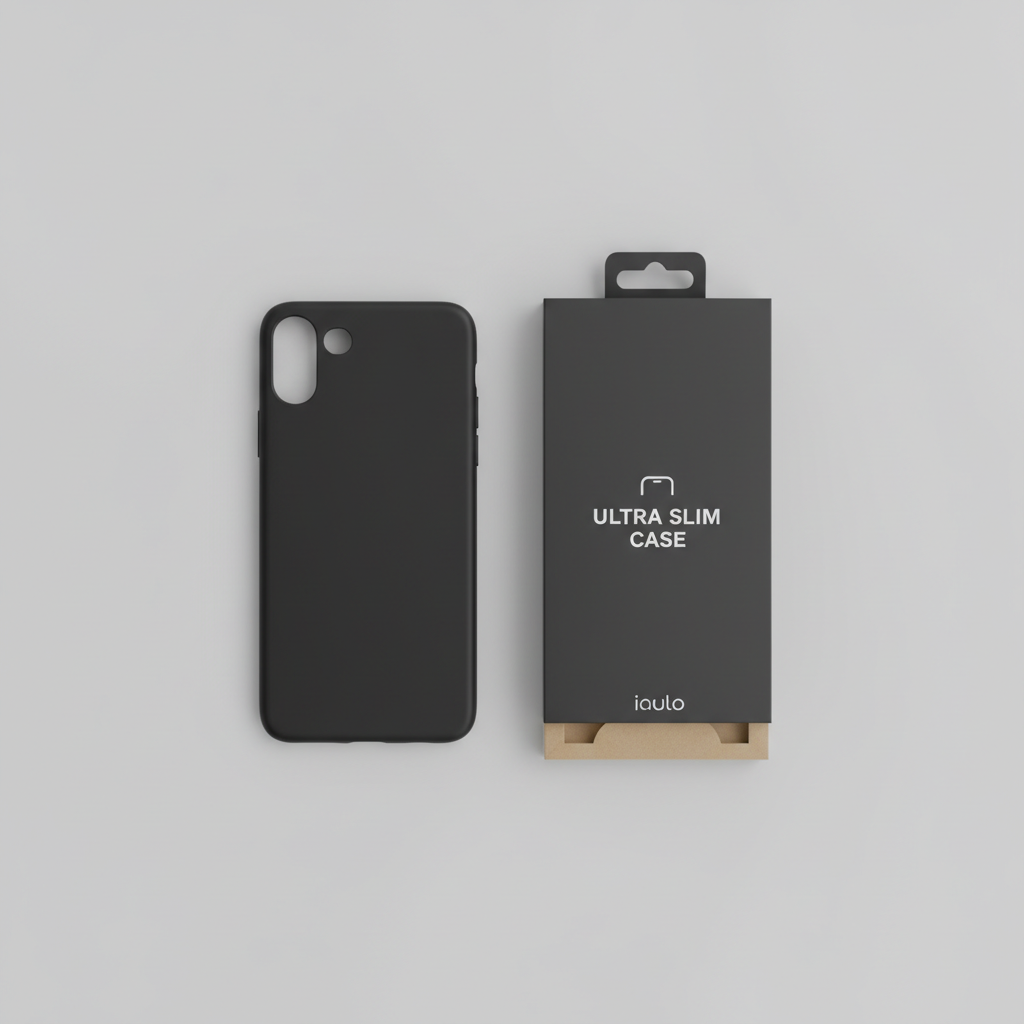 Flat-lay top-down view of black OtterBox Symmetry case beside retail box on neutral gray surface