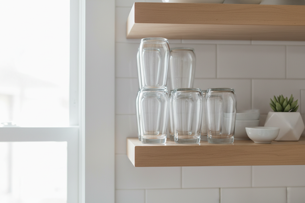 Clean bright kitchen shelf with neatly stacked transparent Anchor Hocking glass tumblers in soft natural light