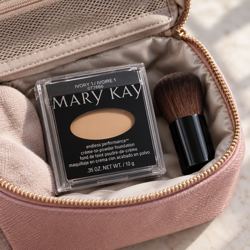 Mary Kay Endless Performance Creme-to-Powder Foundation compact packed in a travel makeup bag
