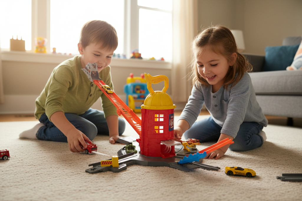 Two children playing with Hot Wheels City Super Fire Station Rescue on living room floor, launching cars through exit points