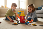 Two children playing with Hot Wheels City Super Fire Station Rescue on living room floor, launching cars through exit points