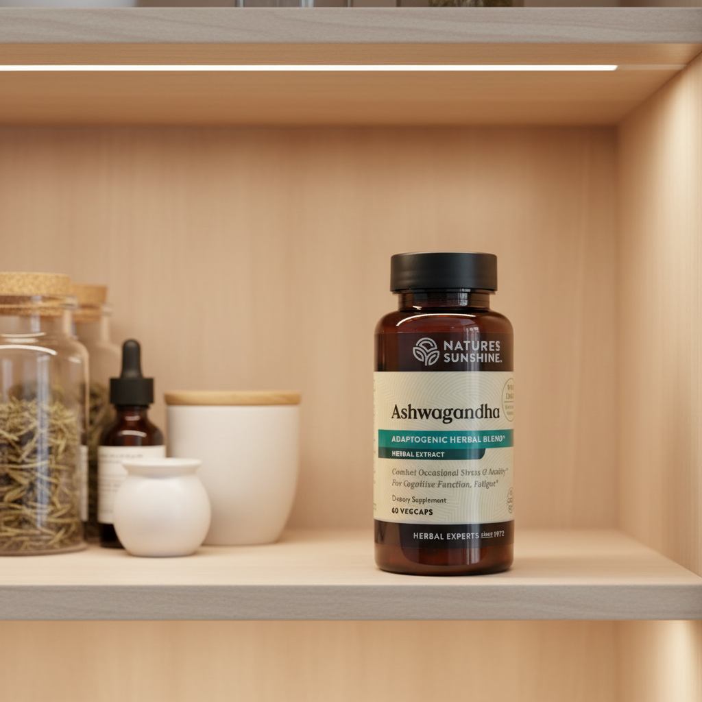 Nature's Sunshine Ashwagandha bottle inside organized minimalist health cabinet with premium apothecary containers and soft interior shelf lighting