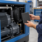 AI-generated lifestyle photo of a technician installing the foam breather element into an air compressor in a workshop