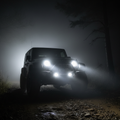 Alpena Spot Roamer LED fog lights on black Jeep Wrangler white spot beams cutting through fog dark off-road trail night - More4less Outlet